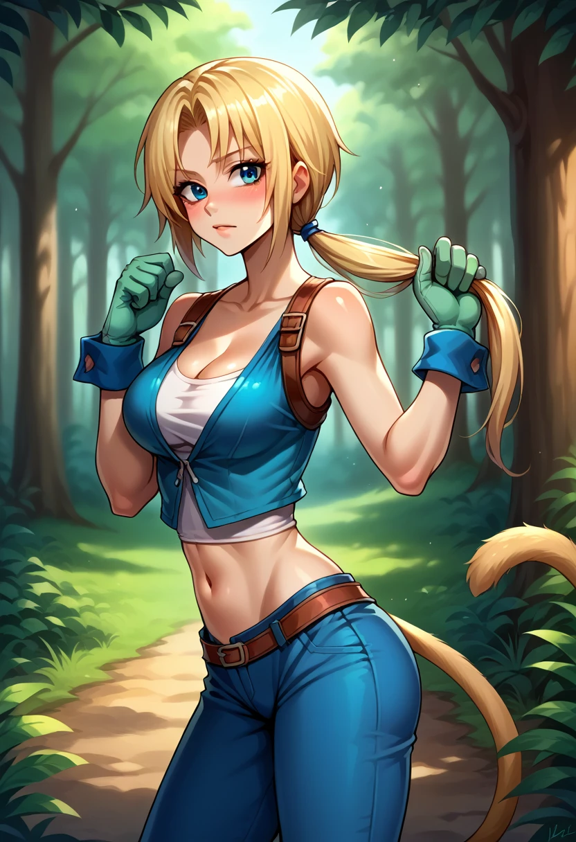 score_9, score_8_up, score_7_up, (female:1.5), 1girl solo, female focus, female body, skinny, zidane, blonde hair, medium hair, blue eyes, monkey tail, low ponytail, parted bangs, gloves, blue pants, standing, midriff, cleavage, blushing, pulling hair,, looking on side, deep forest,