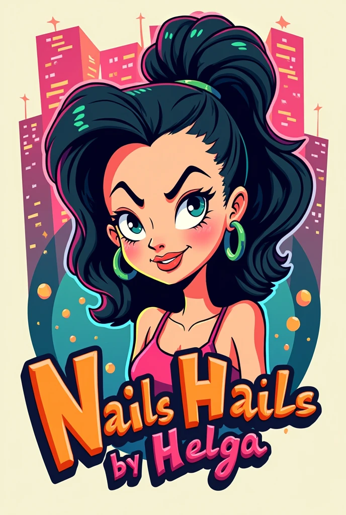 A hey arnold themed nail salon logo. The main face is Helga pataki from the series hey! Arnorld. The name of the salon is Nails by helga
