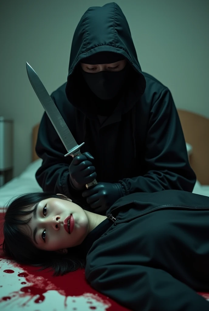 korean girl, (behind corpse, holding knife), balaclava, black gloves, room full of blood, black raincoat, hood up, holding knife, black gloves, woman on top, behind corpse, blood splatter, on the bed, mass murderer, killer, blood splatter, dark atmosphere, cinematic lighting, atmospheric realistic, close-up,