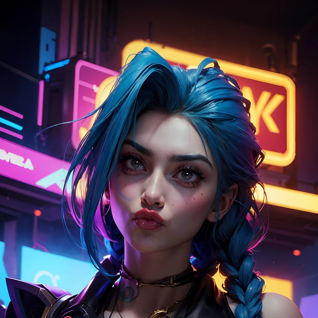 Jinx League of legends, close-up portrait, girl with blue hair and tattoos, intense expression, colorful cyberpunk background, neon lights, dramatic lighting, hyper-detailed, 8k, photorealistic, cinematic, concept art style