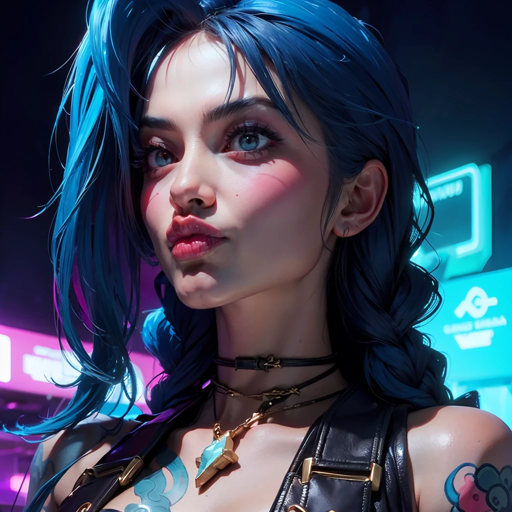 Jinx League of legends, close-up portrait, girl with blue hair and tattoos, intense expression, colorful cyberpunk background, neon lights, dramatic lighting, hyper-detailed, 8k, photorealistic, cinematic, concept art style