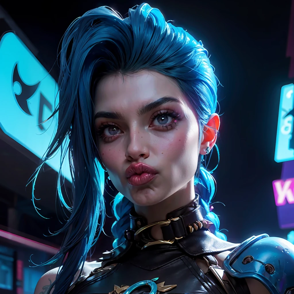 Jinx League of legends, close-up portrait, girl with blue hair and tattoos, intense expression, colorful cyberpunk background, neon lights, dramatic lighting, hyper-detailed, 8k, photorealistic, cinematic, concept art style