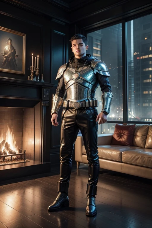 naughty man,Bitcoin Knight,Average height,on a futuristic journey with several cryptocurrencies in your armor, whose location is a luxurious bright apartment with a large fireplace with sparkling blue fire.