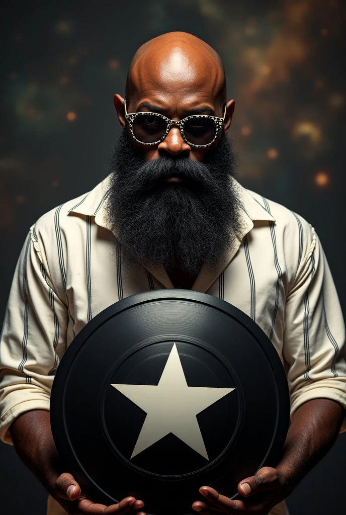 Old black bald black man with muscles, golden crowd with beard with white stars glasses with huge black beard with galaxy background using white shirt with black stripes and black shield with a white star in the middle