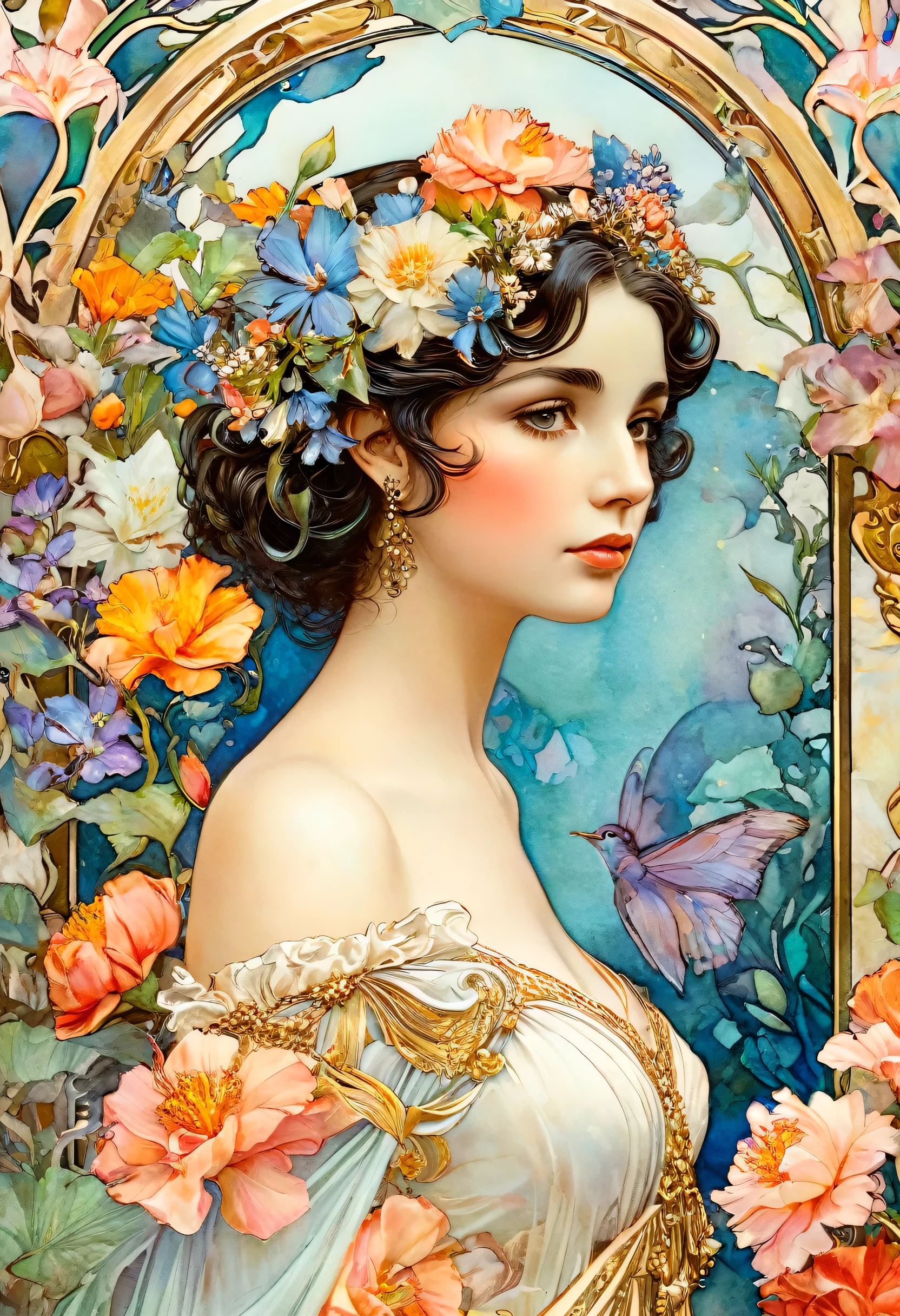 Depicts a beautiful woman with flowers in her hair, (Elizabeth Taylor: 1.4), Highly detailed watercolor painting, The style of Alfons Maria Mucha and Gustav Kirmut, details (((Art Nouveau))), Fairy Princess, Anthropomorphic woman, Female figure , Detailed cover art, Like the Goddess of Flowers, Alphonse Mucha, Gustav Klimt, Pale skin, Marble sculpture, society, Gothic art, Art Nouveau, Behance contest winner.