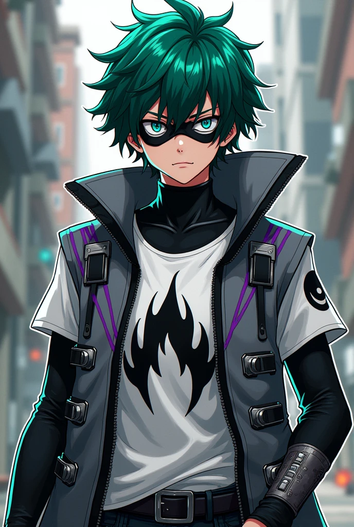 My hero academia style Gray vest with purple black lines and black edges, metal plates, gloves with holes in the fingers, White T-shirt with black fire print Character, Green hair and emerald eyes wearing a mask that covers his eyes (como nigthwing)