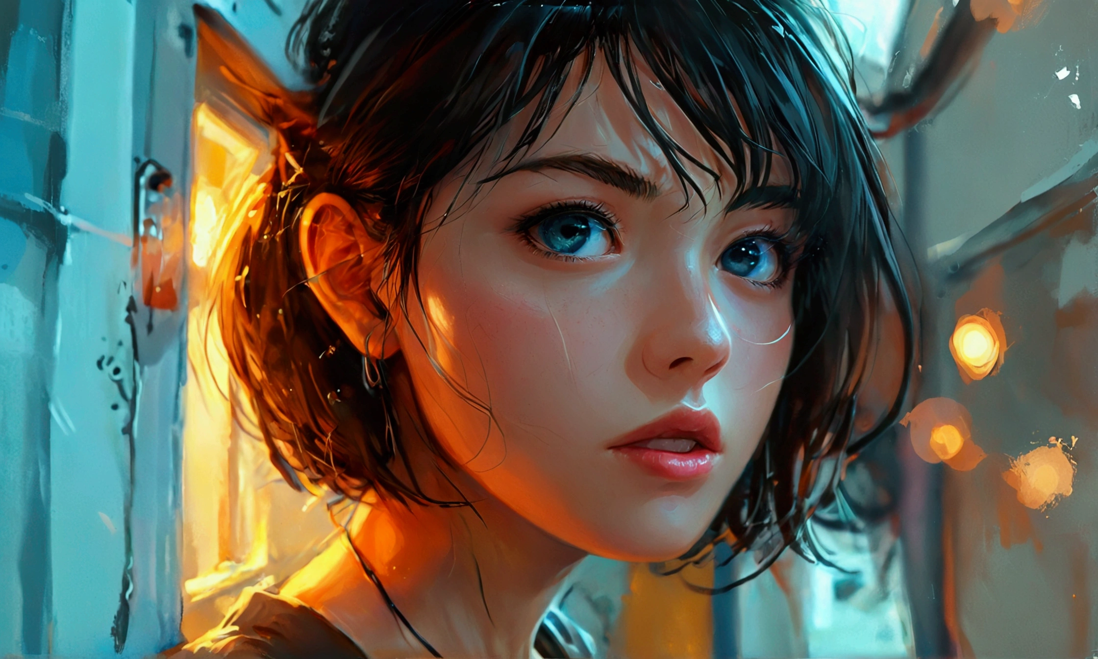 WOMAN PULLING SECURITY CAMERA WIRE,manga style art,manga style art,manga style art,manga style art