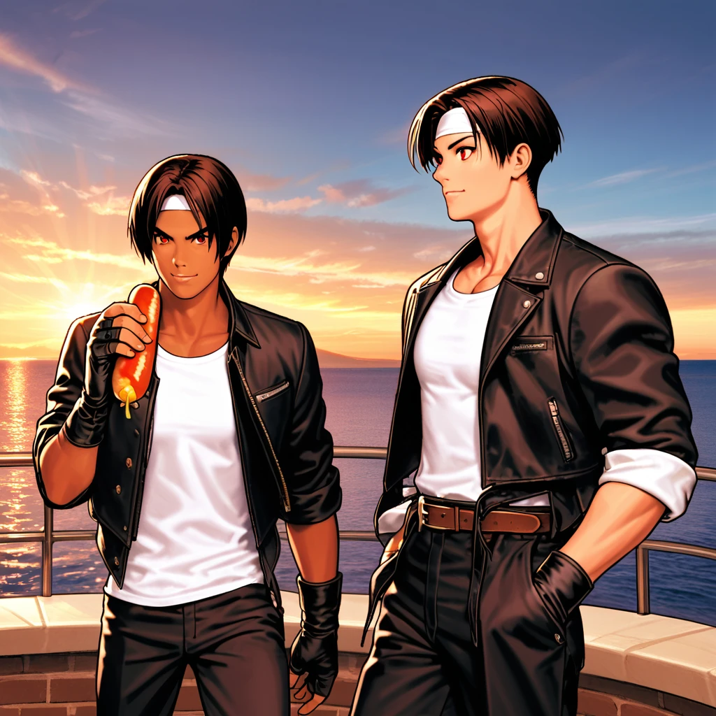 1 person,woman,short hair,Dark Skin,Red eyes,(Black jacket with rolled up sleeves),Fingerless gloves,White T-shirt, (White headband on forehead),Black pants,White shoes,Brown belt,cute,Outdoor,Charm Points,Ocean View,Slightly large breasts,Outdoor,High quality,Handsome,A confident grin,Dining with friends on the terrace,Talking happily,Eating a hot dog