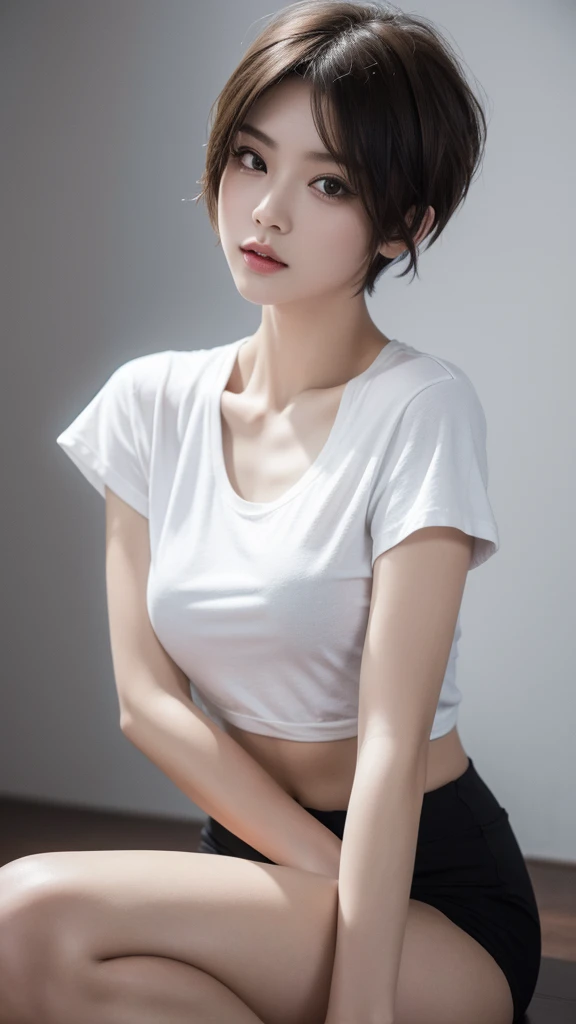 1girl, solo, masterpiece, best quality, uhd, highres, extremely detailed 8K wallpaper, (short hair:1.3), black white t-shirt
