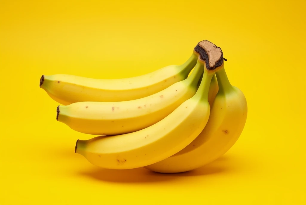 a realistic image of a banana bunch on a yellow background. The bananas should appear medium ripe and ready to eat, with no deformities. The photo should be taken with a Nikon Z7 camera and a prime 80mm lens, using an aperture of f/8 and a shutter speed of 1/125. The image should be well-balanced in composition, following the rule of thirds and the golden ratio. The lighting should be natural and use daylight white balance. The photo should be sharp, well-lit, and high-resolution. Please ensure that the bananas look good, natural, and are displayed in a way that is pleasing to the eye.