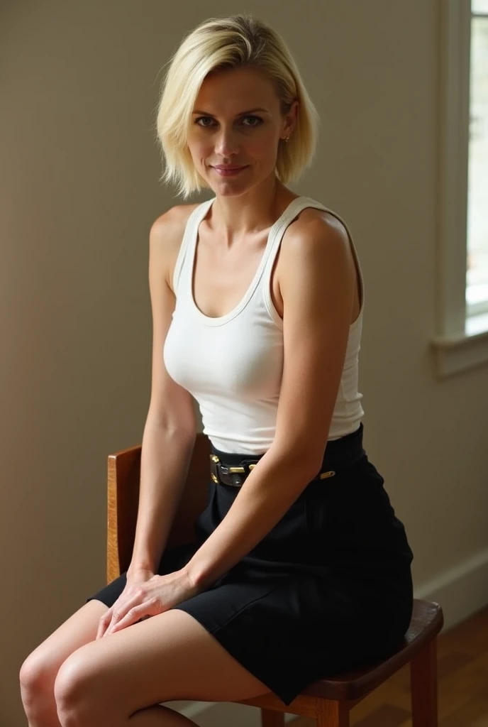 Scarlett Johansson, Short blonde hair, white tank top, short black skirt. Sitting on a chair