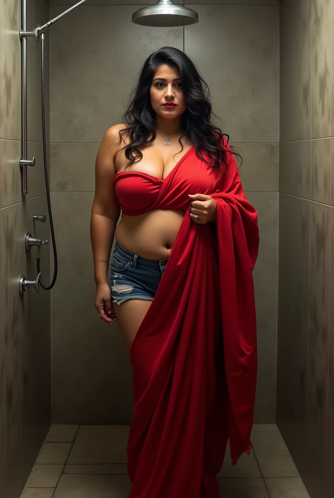 33yo, Girl, mature woman in a red sharee and jeans shorts(j0ng, denim shorts, shorts, micro shorts), In the shower, Front view looking straight ahead, Huge Amazing Goddess Shot, Beautiful thick woman, Attractive highlight loot, big booty, swell like crazy, big booty, thick ass, large in size, strong and big, with a big bust, with big bust, very saggy breasts!, busty, big bust, big bust!!, sfw saggy , sfw covering breasts,