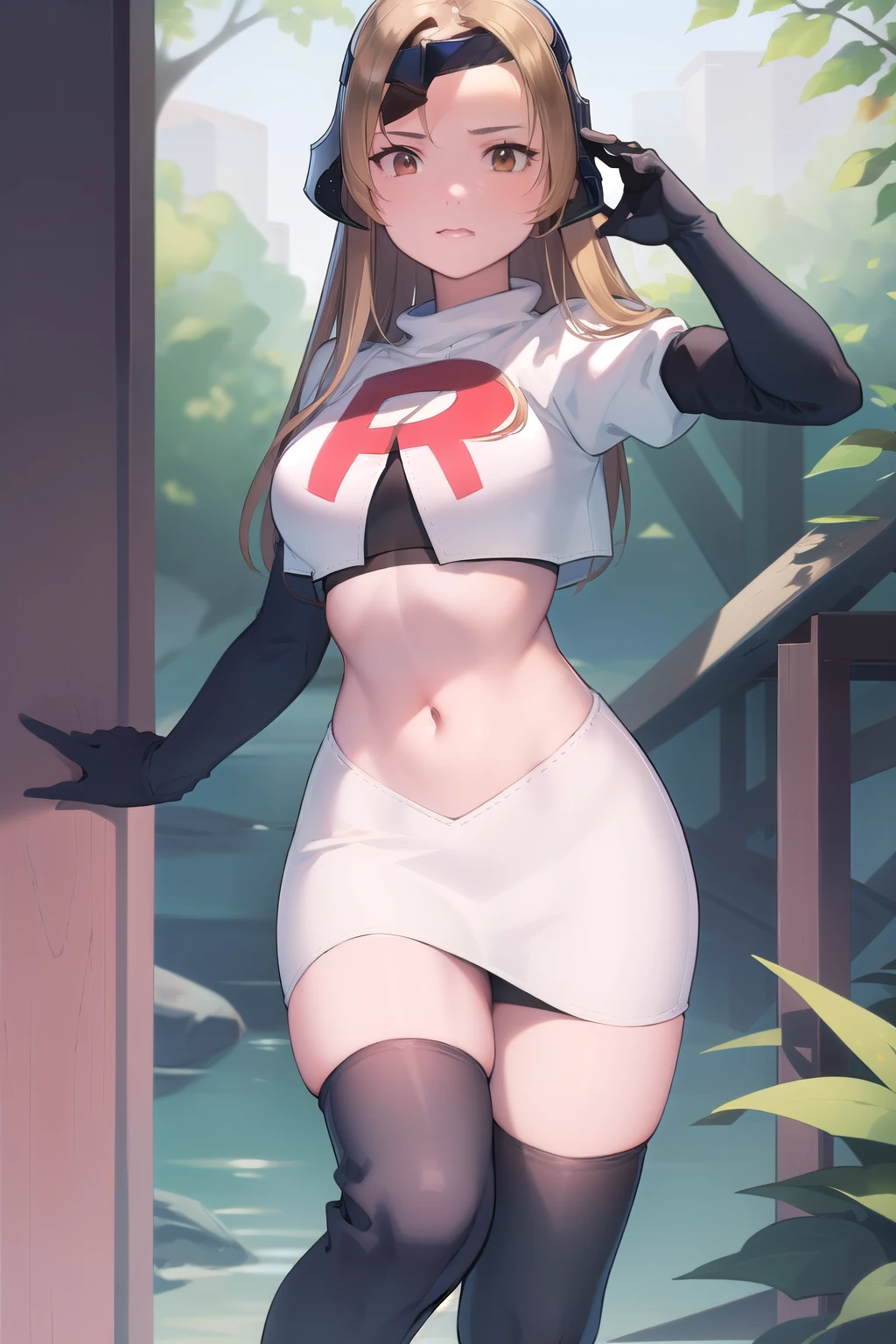 masterpiece, best quality, mathilda, brown eyes,helmet,  looking at viewer, team rocket,team rocket uniform,white skirt,red letter R,crop top,black thigh-highs,black elbow gloves