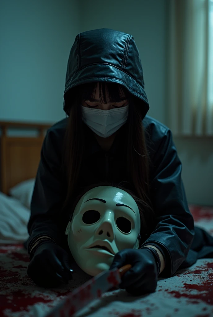 korean girl, (behind corpse, surgical mask), holding knife, stabbing, black gloves, room full of blood, black raincoat, bucket hat, holding knife, black gloves, behind corpse, blood splatter, bondage, long bangs, bed room, black wet suit, night, mass murderer, killer, robbery, dark atmosphere, cinematic lighting, atmospheric realistic, close-up,