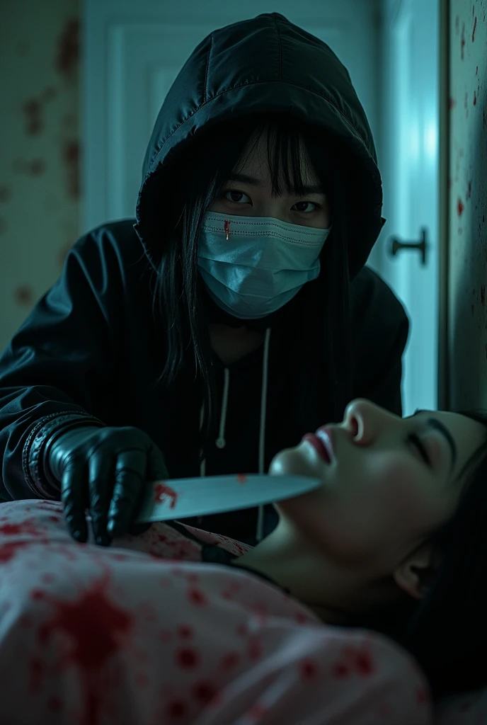korean girl, (behind corpse, surgical mask), holding knife, stabbing, black gloves, room full of blood, black raincoat, bucket hat, holding knife, black gloves, behind corpse, blood splatter, bondage, long bangs, bed room, black wet suit, night, mass murderer, killer, robbery, dark atmosphere, cinematic lighting, atmospheric realistic, close-up,