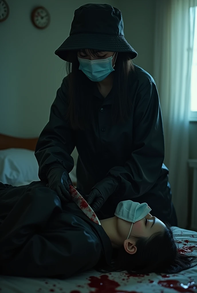 korean girl, (behind corpse, surgical mask), holding knife, stabbing, black gloves, room full of blood, black raincoat, bucket hat, holding knife, black gloves, behind corpse, blood splatter, bondage, long bangs, bed room, black wet suit, night, mass murderer, killer, robbery, dark atmosphere, cinematic lighting, atmospheric realistic, close-up,