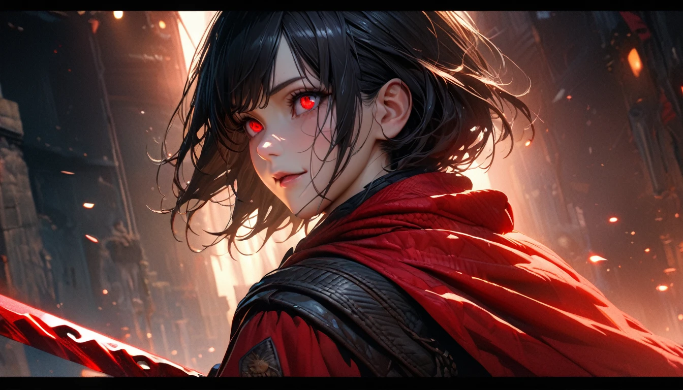 ((Super detailed, ultra hd, 8k, best quality, masterpiece, ultra realistic, perfect face, detailed eye, beautiful hands)) Anime girl, Black Hair, Short Hair, Red Eyes, Holding Red Sword, Psycho Smile, sharp gaze, facing away, shining eyes, Red Cape, Adventurer Cloth (night, scouting, intense atmosphere)