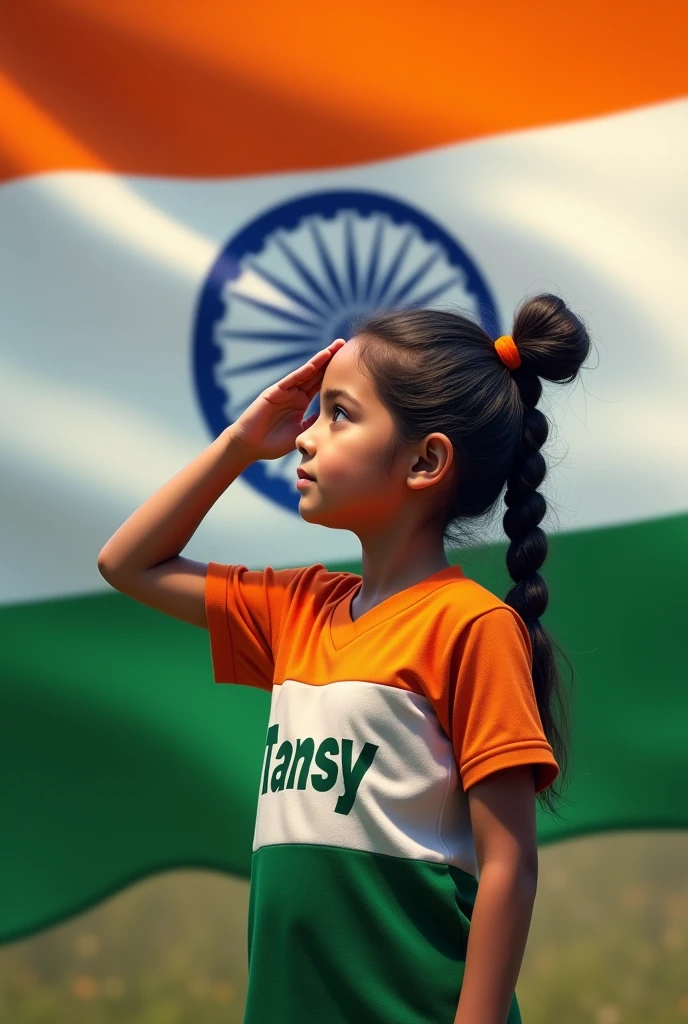 Front side Indian national flag, girl wearing Indian flag jersey and salute to flag, with Tansy name 