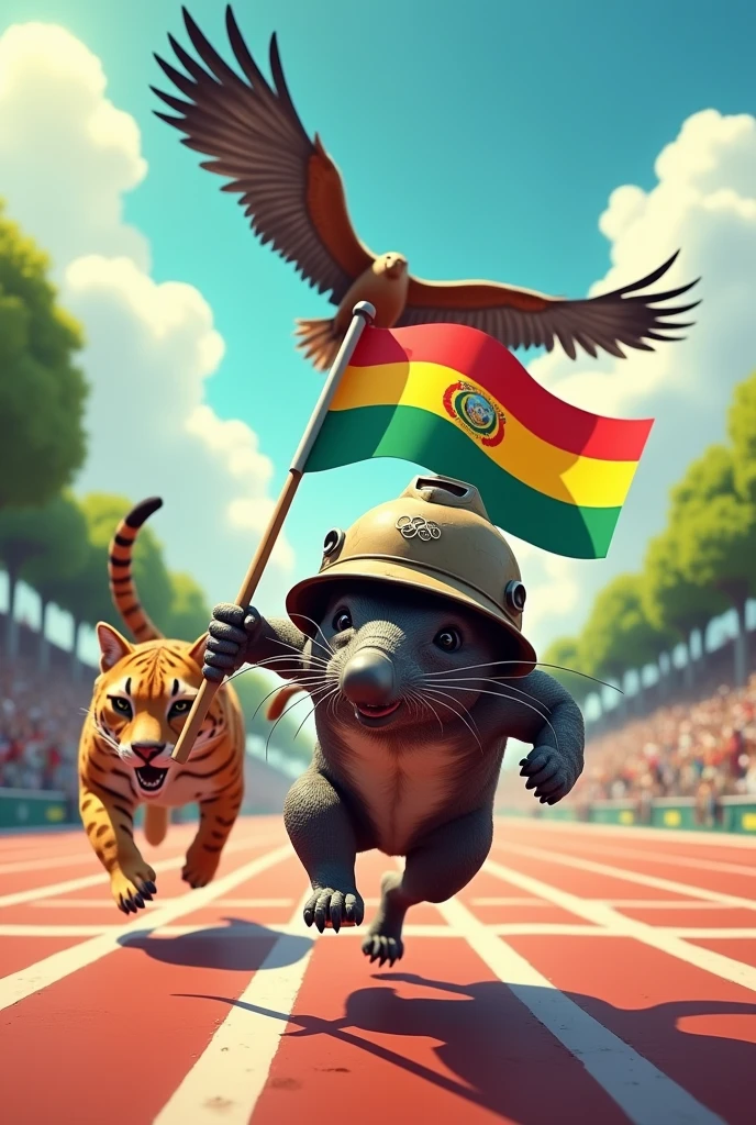 An animated armadillo athlete running in Paris 2024 with an old brown miner&#39;s helmet and his third Bolivian flag (Red color, yellow and green horizontally)
A lead puma chasing behind An Andean condor in the air The orientation of the colors of the t-shirt upside down : First red then yellow and then green Faster