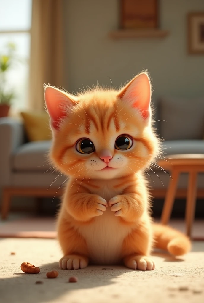 Orange kitten down knee and beg (background living room)
