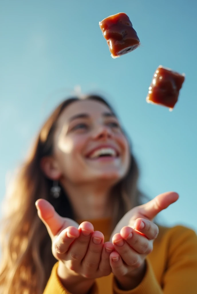 rectangular dark brown candy falling from the sky and a woman looking and smiling with open hands