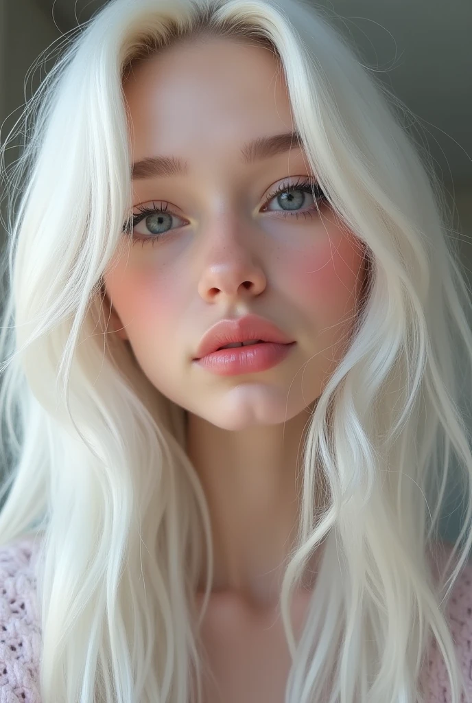 A girl with long white hair,light olive skin button nose, full pink lips, gray eyes, high cheekbones