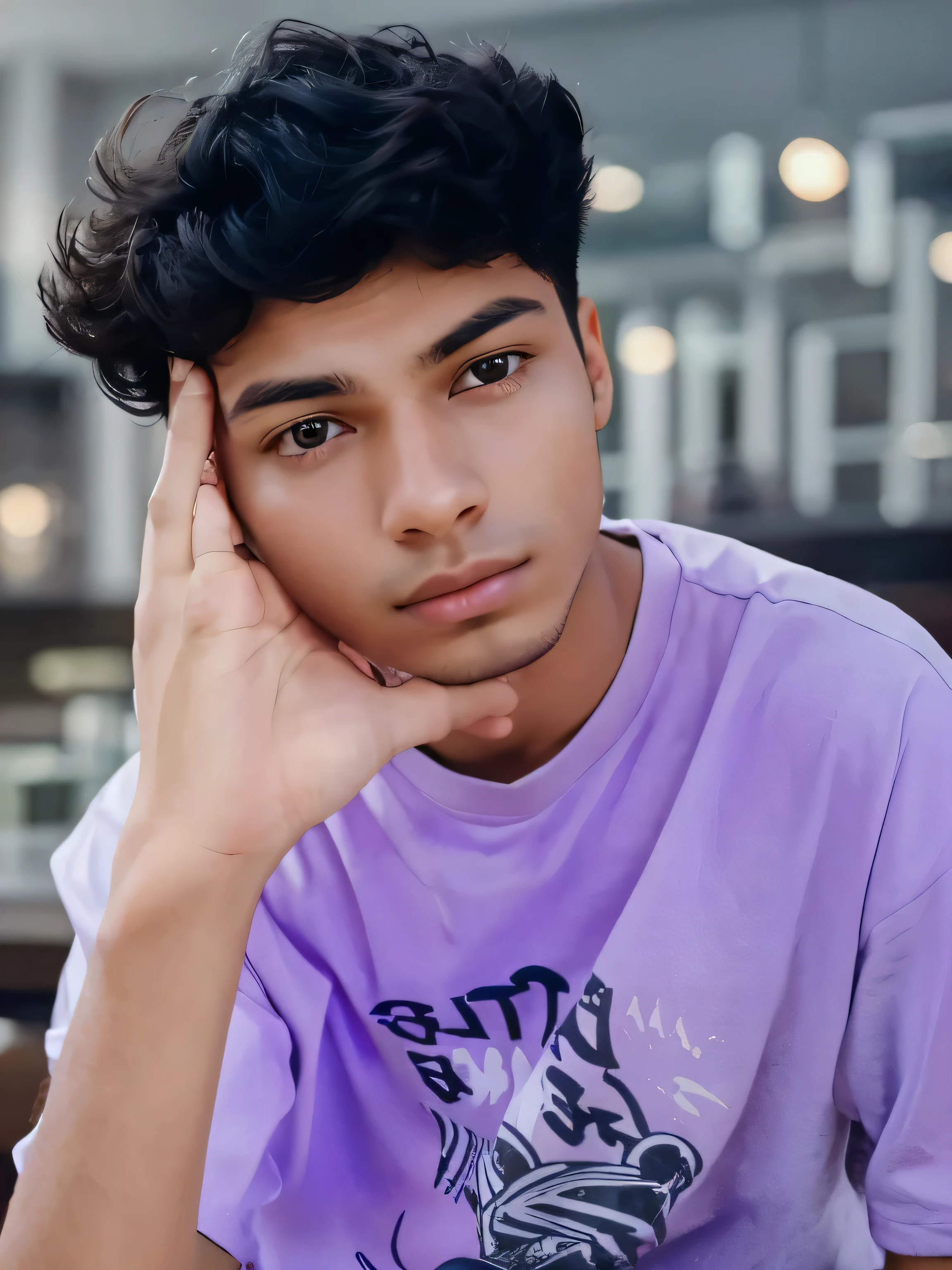 The image features a young man with a pensive expression, resting his hand on his forehead.