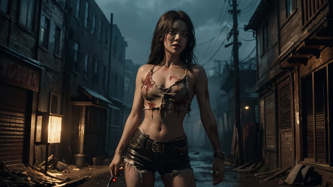 A girl barebelly killing zombies，her bare midriff exposed as she gazes down at the gory aftermath. Her ripped shirt hangs open, revealing a tantalizing glimpse of toned skin, while the severed zombie heads and scattered limbs around her feet attest to her brutal hand-to-hand combat skills. The desolate, blood-soaked alleyway provides a haunting backdrop for this petite powerhouse,cinematic lighting, masterpiece, accurate, anatomically correct, textured skin, best quality, award winning, 4K, super detail,cowboy_shot,light_smile