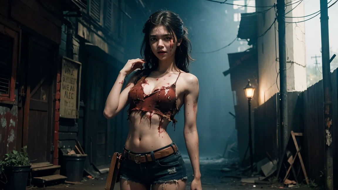 A girl barebelly killing zombies，her bare midriff exposed as she gazes down at the gory aftermath. Her ripped shirt hangs open, revealing a tantalizing glimpse of toned skin, while the severed zombie heads and scattered limbs around her feet attest to her brutal hand-to-hand combat skills. The desolate, blood-soaked alleyway provides a haunting backdrop for this petite powerhouse,cinematic lighting, masterpiece, accurate, anatomically correct, textured skin, best quality, award winning, 4K, super detail,cowboy_shot,light_smile