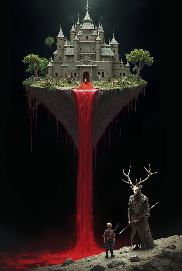 Black background with an island in the sky with a kingdom and a waterfall of blood and a person below and a boy with weapons and a humanoid spirit with a deer skull on his side
