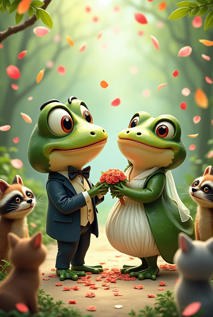 Two frogs are getting married and racoons are throwing petals with cats as guests
