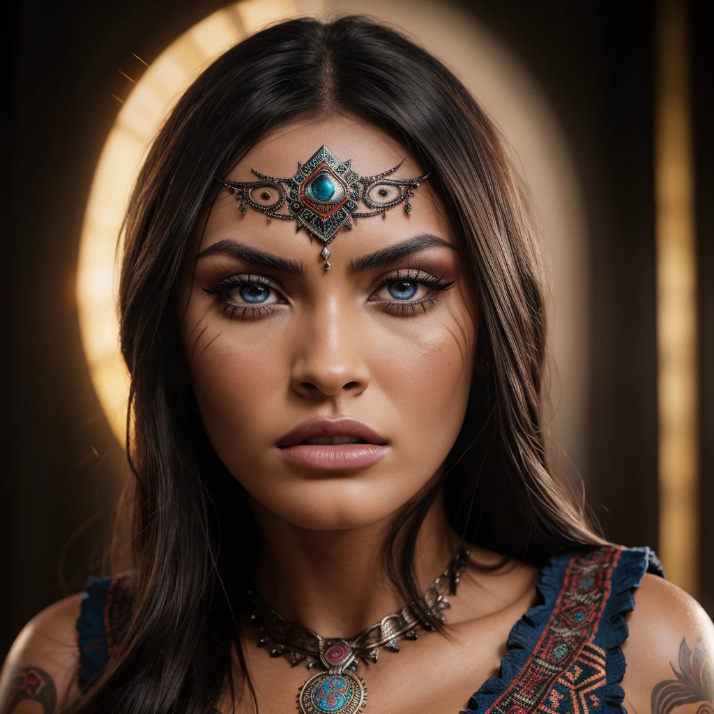 beautiful detailed eyes, beautiful detailed lips, extremely detailed eyes and face, long eyelashes, 1girl, woman, powerfull and beautiful aztec witch, aztec witch, high Photorealistic megan fox, hyper realistic, 8k, masterpiece, ultra-detailed, photorealistic, professional, studio lighting, intricate details, vivid colors, dramatic lighting, volumetric lighting, cinematic, in defense pose, angry expression, aztec mythology, dramatic shadows, dramatic highlights, depth of field, middle body