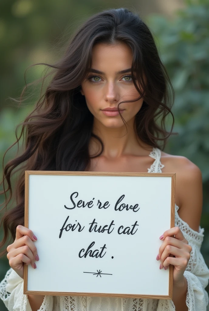 Beautiful girl with wavy long hair, bohemian dress, holding a white board with text "I Love Seaart Infinity" and showing it to the viewer