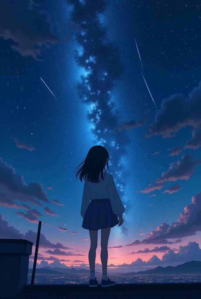 Anime girl standing on rooftop looking at the night sky with stars, Anime wallpaper 4k, Anime wallpaper 4 k, 4k Anime wallpaper, Anime art wallpaper 8 k, Anime art wallpaper 4k, Anime Art Wallpaper 4 K, Anime Style 4 K, Makoto Shinkai Cyril Rolando, manga wallpaper 4 k, Anime wallpaper, amazing wallpaper, shooting stars