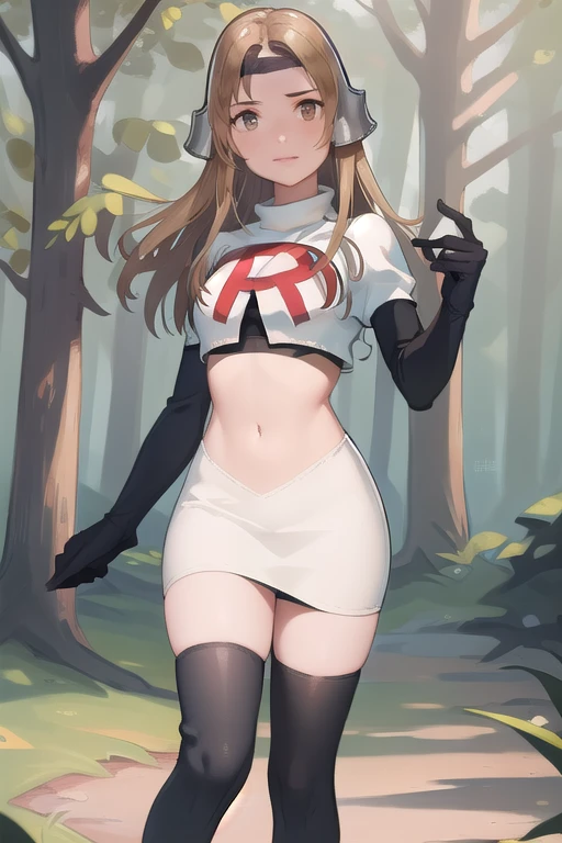 masterpiece, best quality, mathilda, brown eyes,helmet,  looking at viewer, team rocket,team rocket uniform,white skirt,red letter R,crop top,black thigh-highs,black elbow gloves