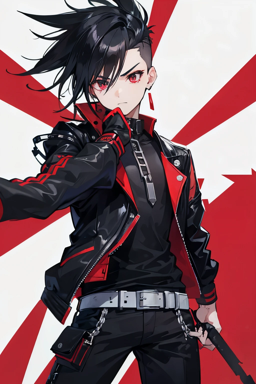 Boy with black mohawk hair,wearing black jacket with red iron arms