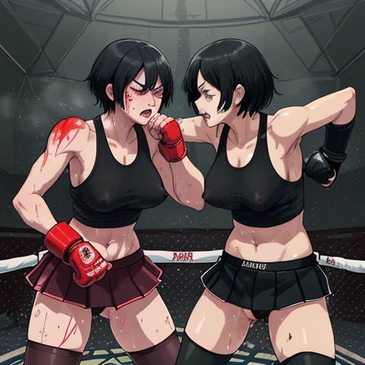 punch, punch, punch. life or death struggle. survival battle. dynamic exciting action in the octagon ring. whole body picture. two bloody beautiful Japanese high school student girl fighters are looking at each eyes. they are beating each other so hard. They are banging their punches against their opponents. Blood is dripping from their nose. they are covered in scars and bruises. they are damaged terribry. Short-cut black hair, out of breath, drooling from mouth, one eye closed, exhausted, drenched in sweat. Erect nipples. open finger glove. short tanktop, high-leg panty. Stockings. armcovers. Excellent proportion body.