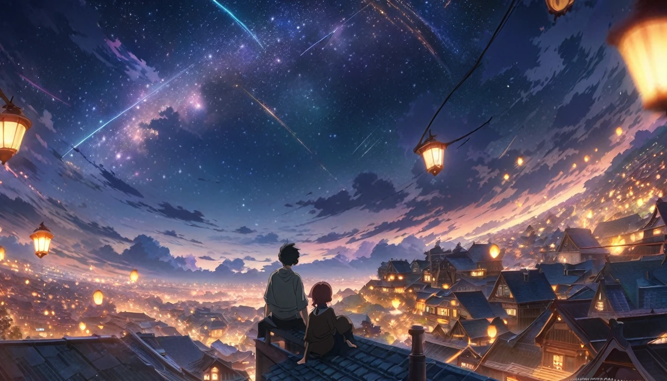 Anime boy sitting on the roof looking at the night sky town, with lantern lights,star shower, Cosmos Sky.Anime background art, Anime art wallpaper 4k,loocking to the sky,  Anime art wallpaper 4 K, beautiful anime scenes, in the style of makoto shinkai, amazing wallpapers, 