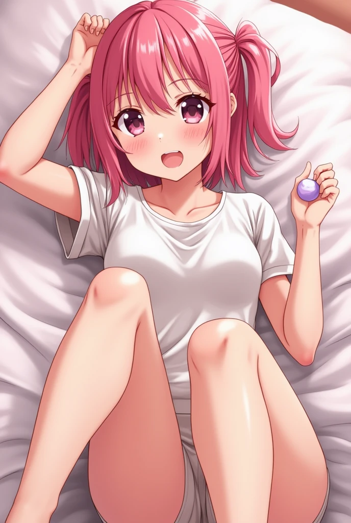 Superior image quality, Super detail Anime Super detail, first work, anatomically correct tre, 1 mqmf, Alone、red blush, sexual excitement, pink bob, (Colossal tits), thighs thighs sweaty thighs: 1.6), realistic hydrated skin, ((wet body)), eye for details, Erotic, ((a candy , white top 