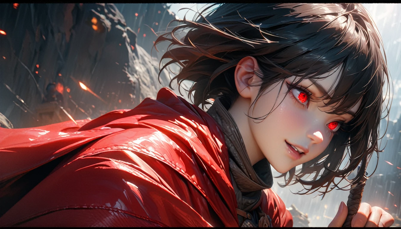 ((Super detailed, ultra hd, 8k, best quality, masterpiece, ultra realistic, perfect face, detailed eye, beautiful hands)) Anime girl, Black Hair, Short Hair, Red Eyes, Holding Red Sword, Psycho Smile, sharp gaze, facing away, shining eyes, Red Cape, Adventurer Cloth (night, scouting, intense atmosphere)