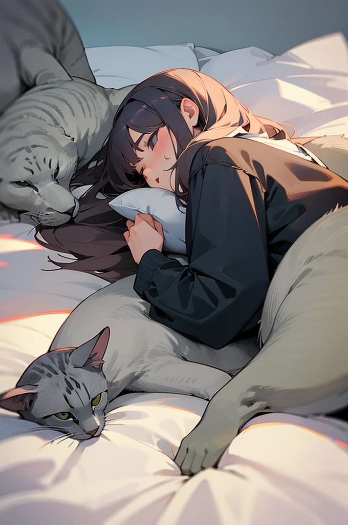 girl lying on her chest with a grey cat next to her