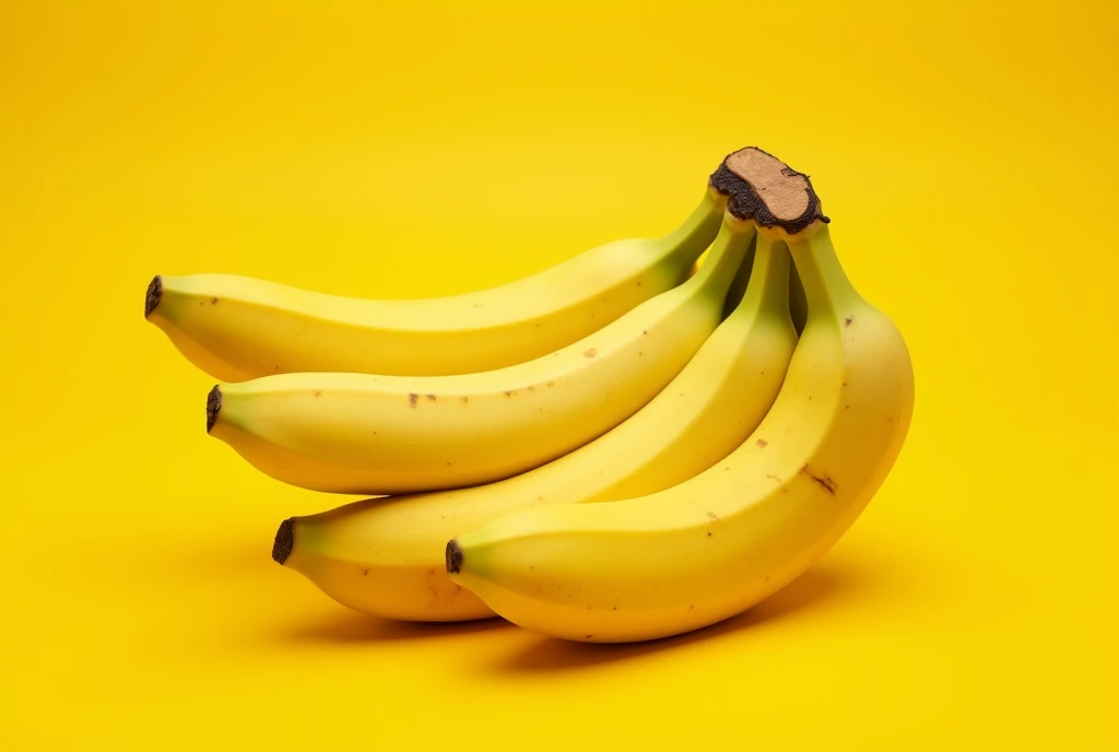 a realistic image of a banana bunch on a yellow background. The bananas should appear medium ripe and ready to eat, with no deformities. The photo should be taken with a Nikon Z7 camera and a prime 80mm lens, using an aperture of f/8 and a shutter speed of 1/125. The image should be well-balanced in composition, following the rule of thirds and the golden ratio. The lighting should be natural and use daylight white balance. The photo should be sharp, well-lit, and high-resolution. Please ensure that the bananas look good, natural, and are displayed in a way that is pleasing to the eye.