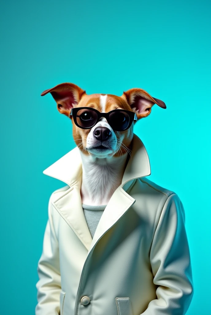 The best cell phone wallpaper, Award-Winning Wallpaper, portrait photography, In the front view is a portrait of a cute dog wearing mid-1960s space age fashion, Side view photo, Shot with Canon EOS R5, Set a strong contrast that accentuates the subject, Fluorescent blue tone, Wearing a very modern coat and sunglasses is a modern 1960s style, Clothes all in one color, beautiful background