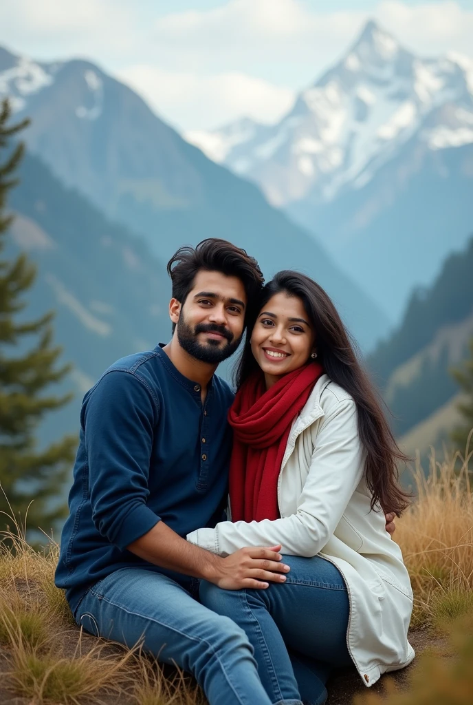 An indian beard looking boy wear full sleeve deep blue genji with jeans and sitting with a indian girl who wear white jacket with red muffler and mountain brackground and both looking at the camera