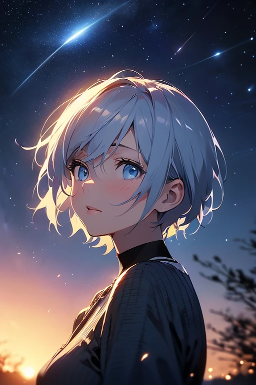 Film Portrait Animation, One Girl, blue eyes, short hair, Calm, meteor,Looking up at the night sky, Calm, (Realistic eyes, Natural skin texture, Realistic facial details), Soft and dramatic lighting, Depth of written boundary, Bokeh, Vivid details, In detail, Surreal, 35mm Film, Blurred, movie,