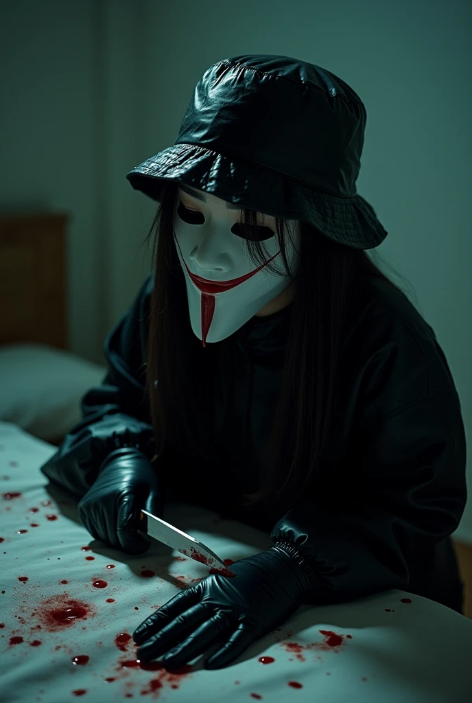 korean girl, (behind corpse, surgical mask), holding knife, stabbing, black gloves, room full of blood, black raincoat, bucket hat, holding knife, black gloves, behind corpse, blood splatter, bondage, long bangs, bed room, black wet suit, night, mass murderer, killer, robbery, dark atmosphere, cinematic lighting, atmospheric realistic, close-up,