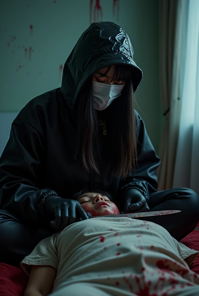 korean girl, (behind corpse, surgical mask), holding knife, stabbing, black gloves, room full of blood, black raincoat, bucket hat, holding knife, black gloves, behind corpse, blood splatter, bondage, long bangs, bed room, black wet suit, night, mass murderer, killer, robbery, dark atmosphere, cinematic lighting, atmospheric realistic, close-up,