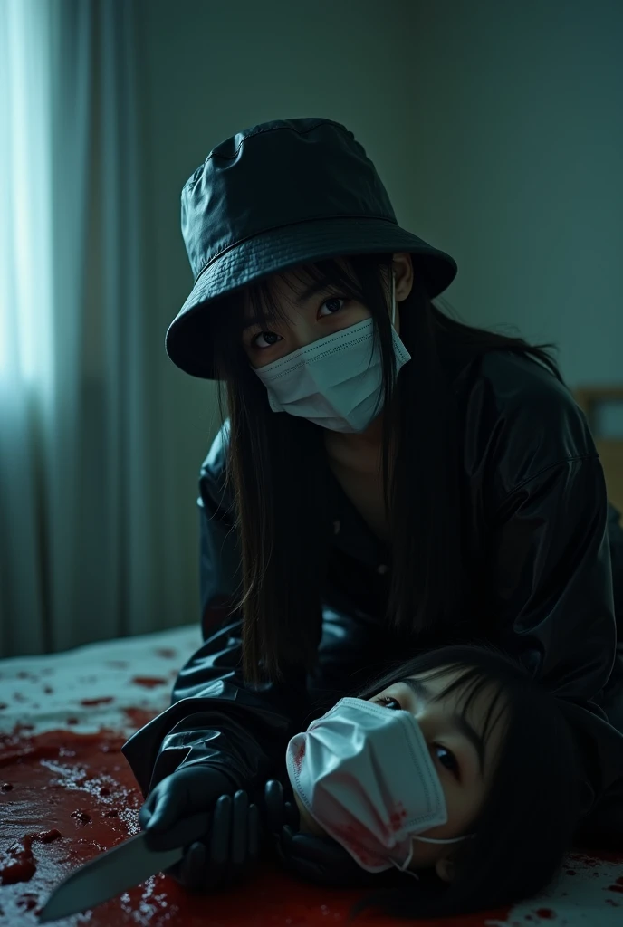 korean girl, (behind corpse, surgical mask), holding knife, stabbing, black gloves, room full of blood, black raincoat, bucket hat, holding knife, black gloves, behind corpse, blood splatter, bondage, long bangs, bed room, black wet suit, night, mass murderer, killer, robbery, dark atmosphere, cinematic lighting, atmospheric realistic, close-up,
