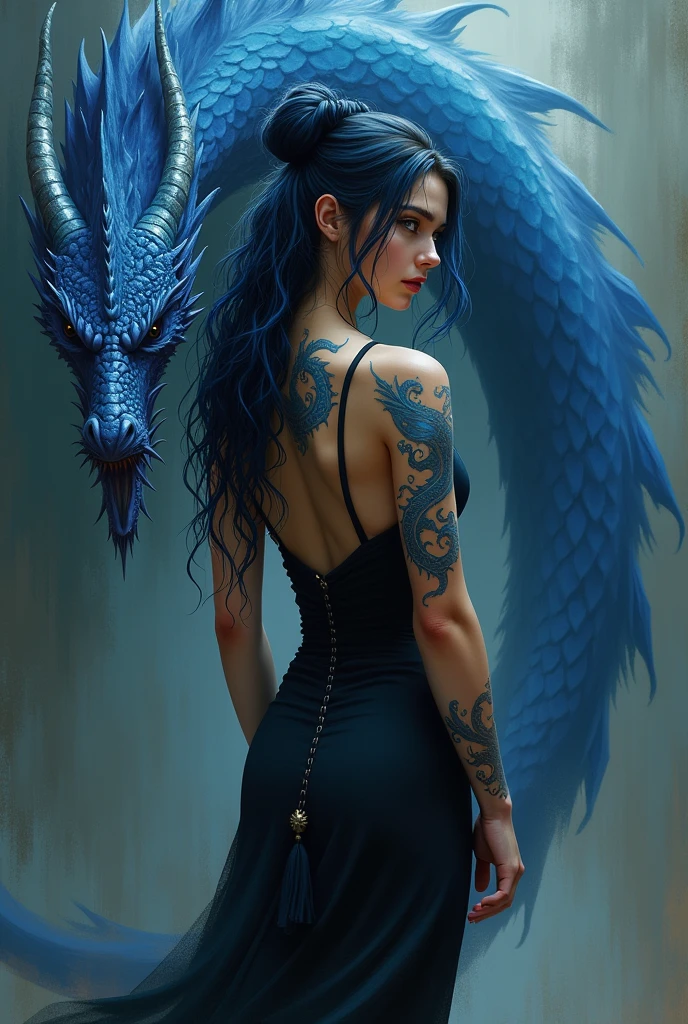 a nineteen-year-old American girl with a statuesque body, wearing a long black dress that is tight to the body with a low-cut back that leaves the blue dragon tattoo design on display, taking up space on the back. Her hair is long and black with light blue at the ends.. Skin color is light. Behind her is a large blue dragon with a morning star tipped tail..
