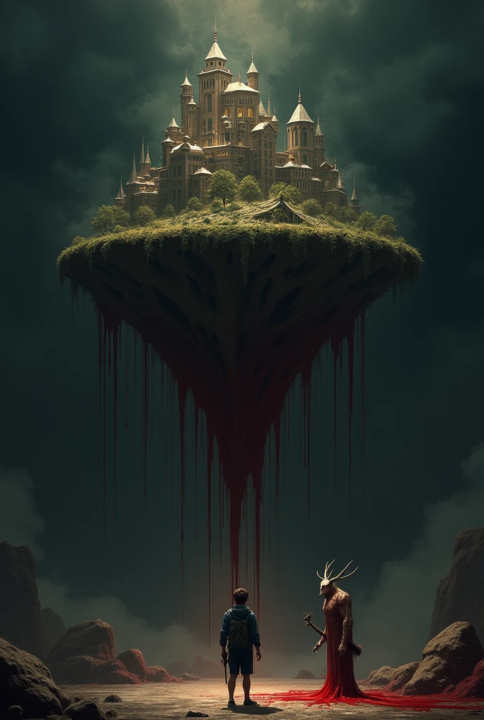 Black background with an island in the sky with a kingdom and a waterfall of blood and a person below and a boy with weapons and a humanoid spirit with a deer skull on his side